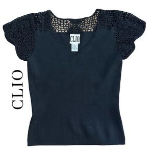 Clio Black Silk Crochet Sleeve V Neck Sweater Size Small